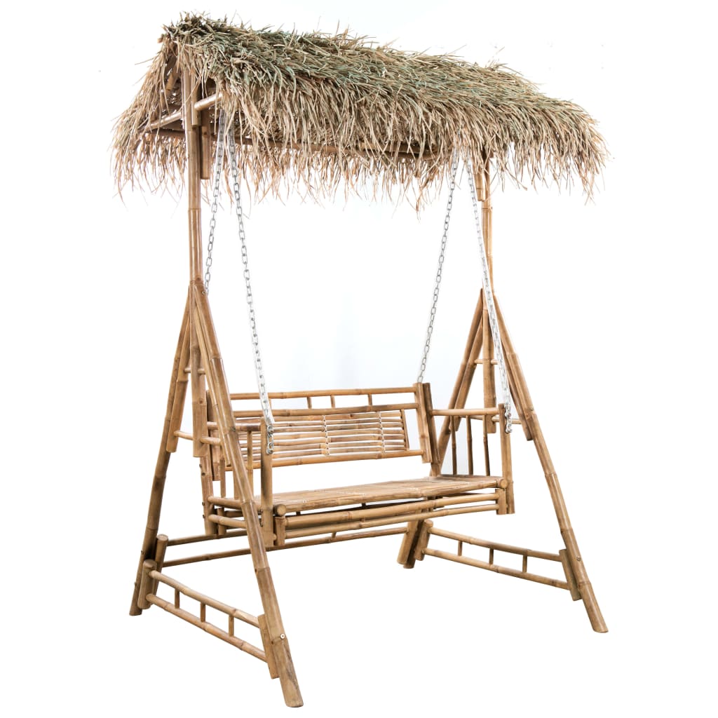 vidaXL Balansoar cu 2 locuri, frunze palmier și pernă, 202 cm, bambus vidaXL Balansoar cu 2 locuri, frunze palmier și pernă, 202 cm, bambus