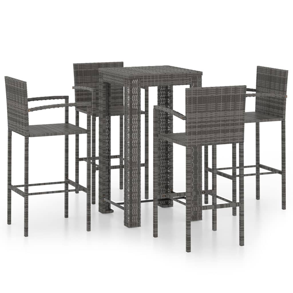 vidaXL Set bar exterior cu cotieră, 5 piese, gri, poliratan