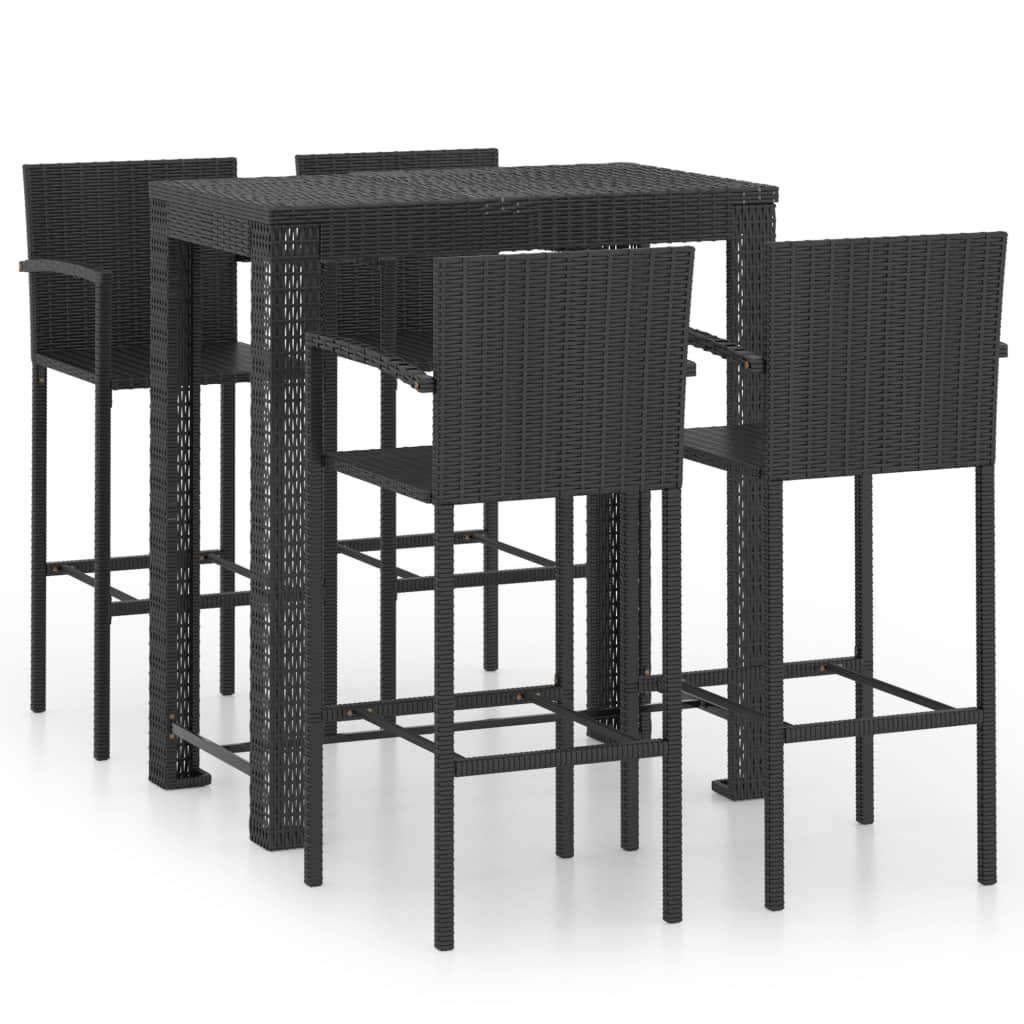 vidaXL Set bar exterior cu cotieră, 5 piese, negru, poliratan