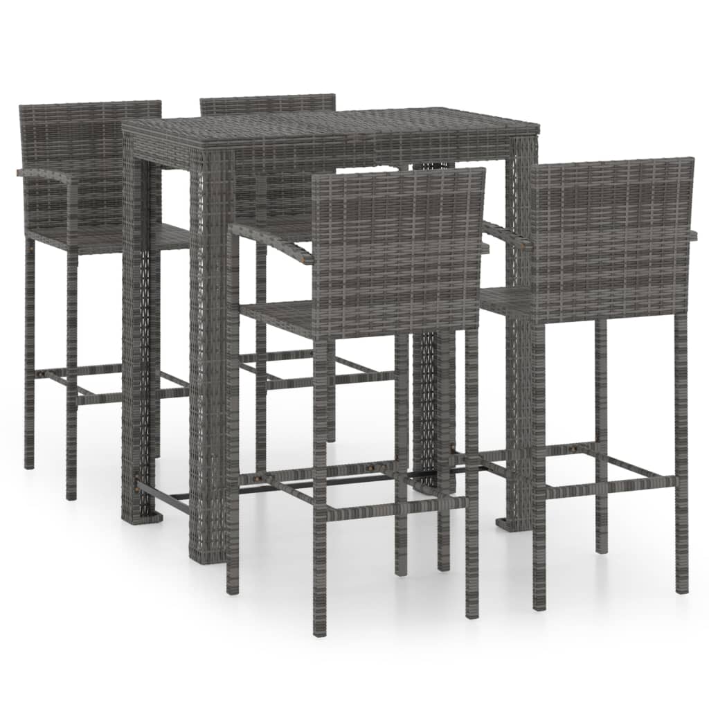 vidaXL Set bar exterior cu cotieră, 5 piese, gri, poliratan