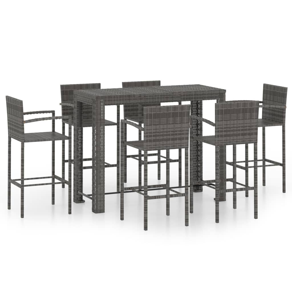 vidaXL Set bar exterior cu cotieră, 7 piese, gri, poliratan