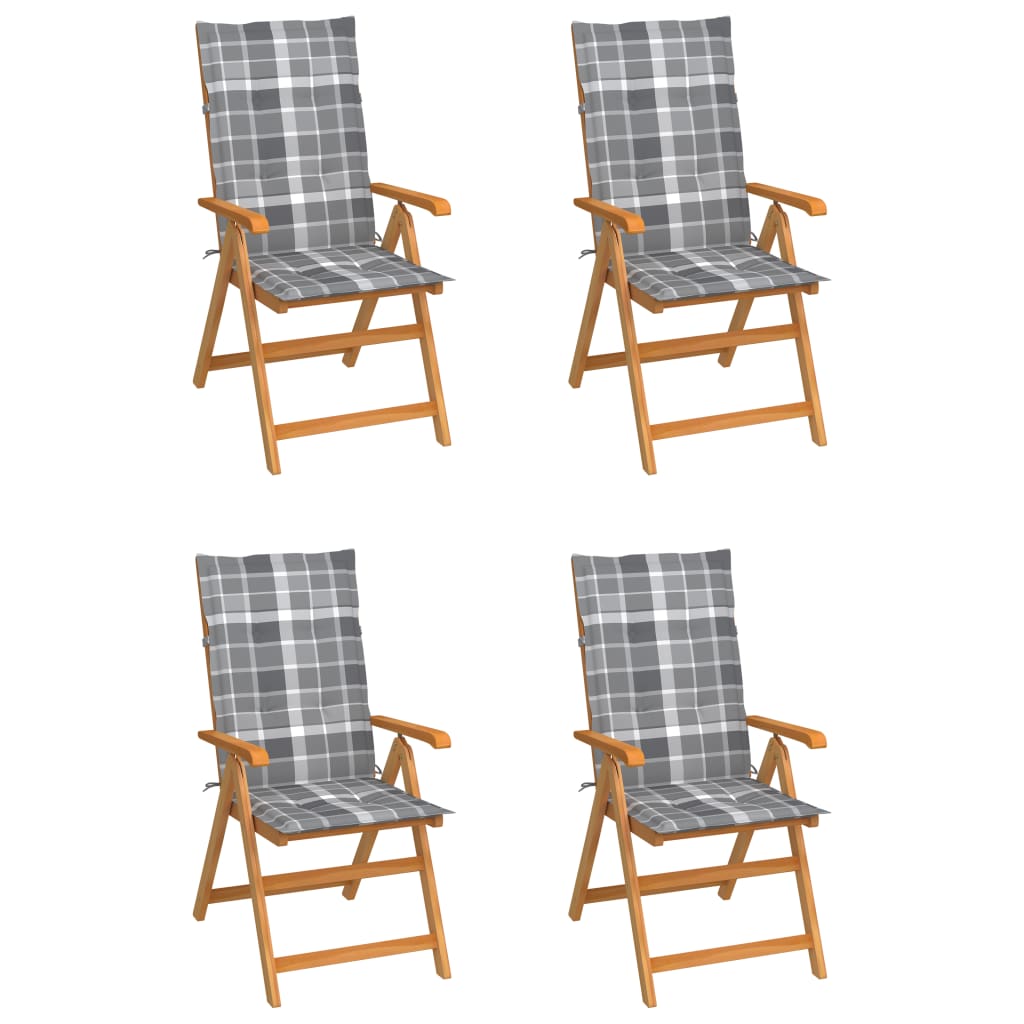 vidaXL Scaune grădină, perne gri model carouri, 4 buc., lemn masiv tec vidaXL Scaune grădină, perne gri model carouri, 4 buc., lemn masiv tec