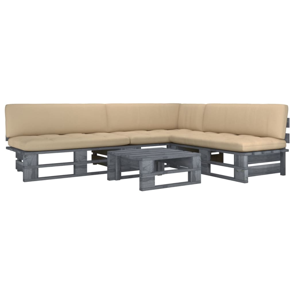vidaXL Set mobilier din paleți cu perne, 4 piese, gri, lemn pin tratat