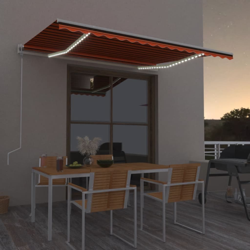vidaXL Copertină automată senzor vânt/LED, portocaliu/maro, 450x300 cm vidaXL Copertină automată senzor vânt/LED, portocaliu/maro, 450x300 cm