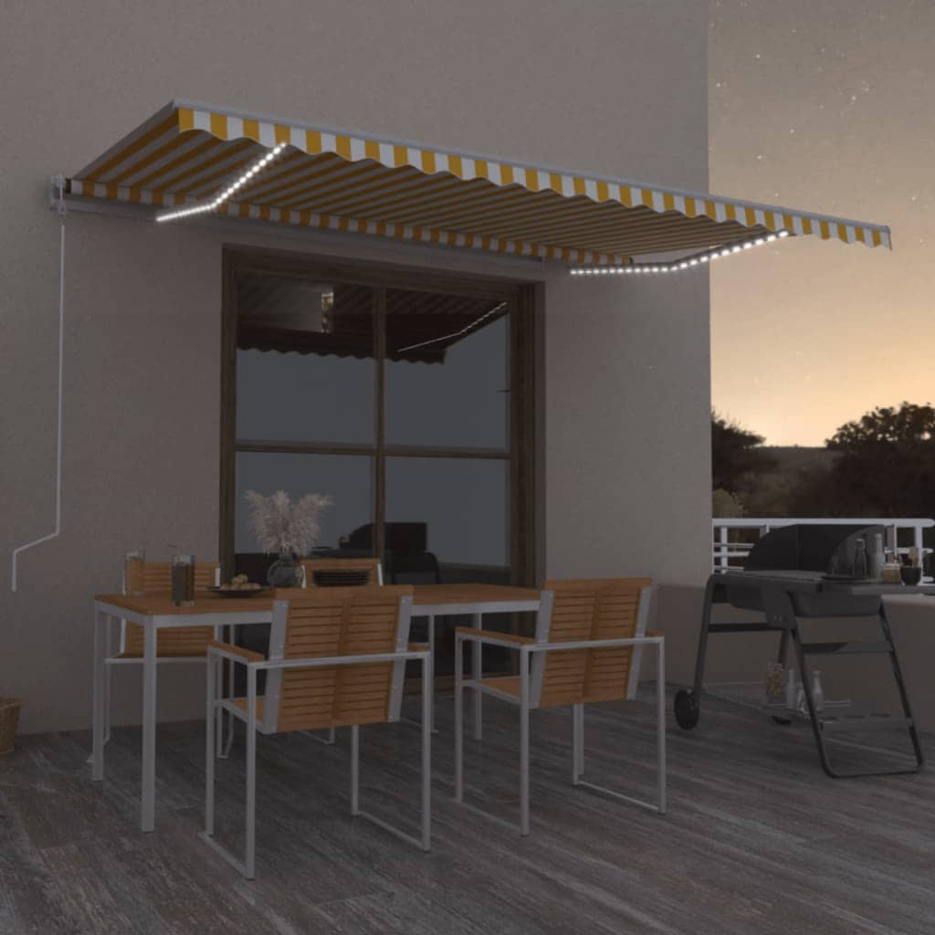 vidaXL Copertină automată cu senzor vânt & LED, galben&alb, 500x300 cm vidaXL Copertină automată cu senzor vânt & LED, galben&alb, 500x300 cm