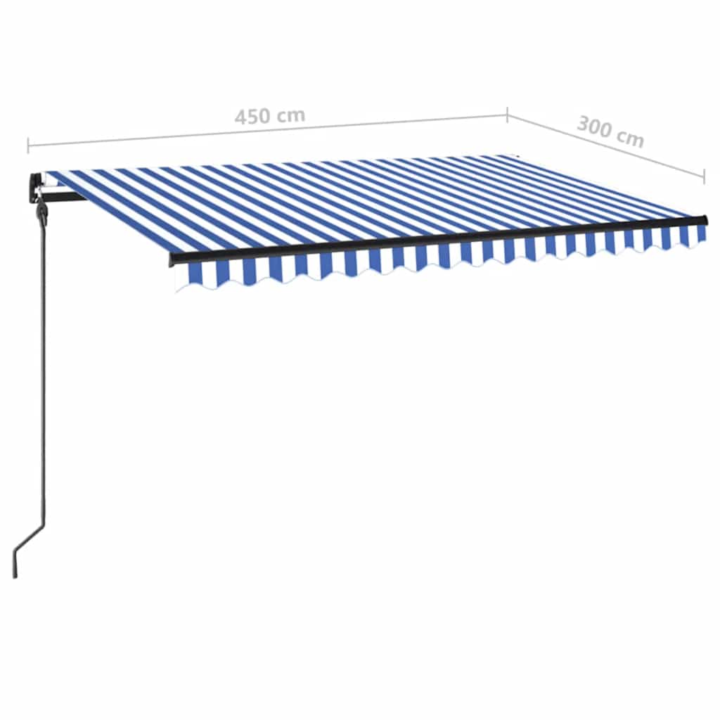 vidaXL Copertină retractabilă manual LED, albastru și alb, 450x300 cm