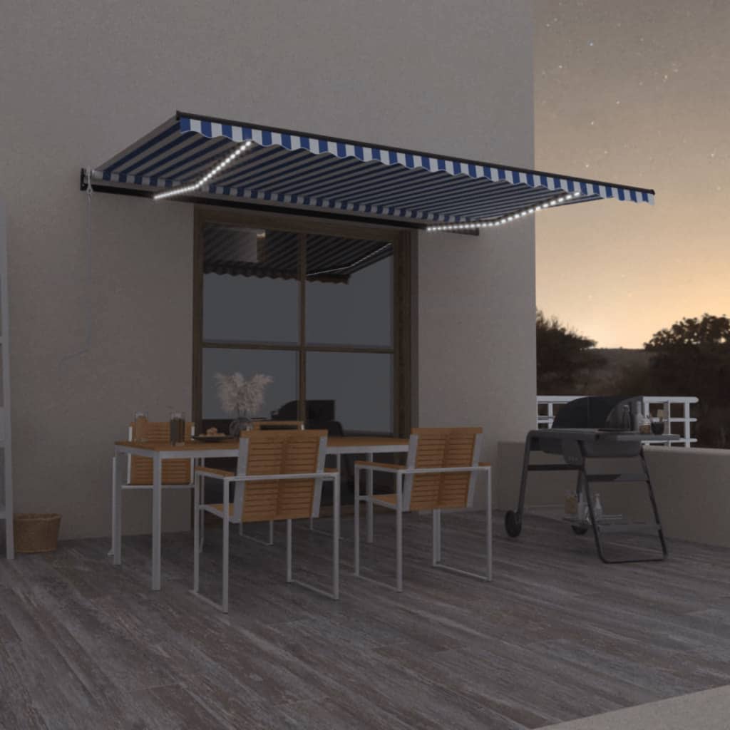 vidaXL Copertină automată cu senzor vânt&LED, albastru/alb 500x300 cm vidaXL Copertină automată cu senzor vânt&LED, albastru/alb 500x300 cm