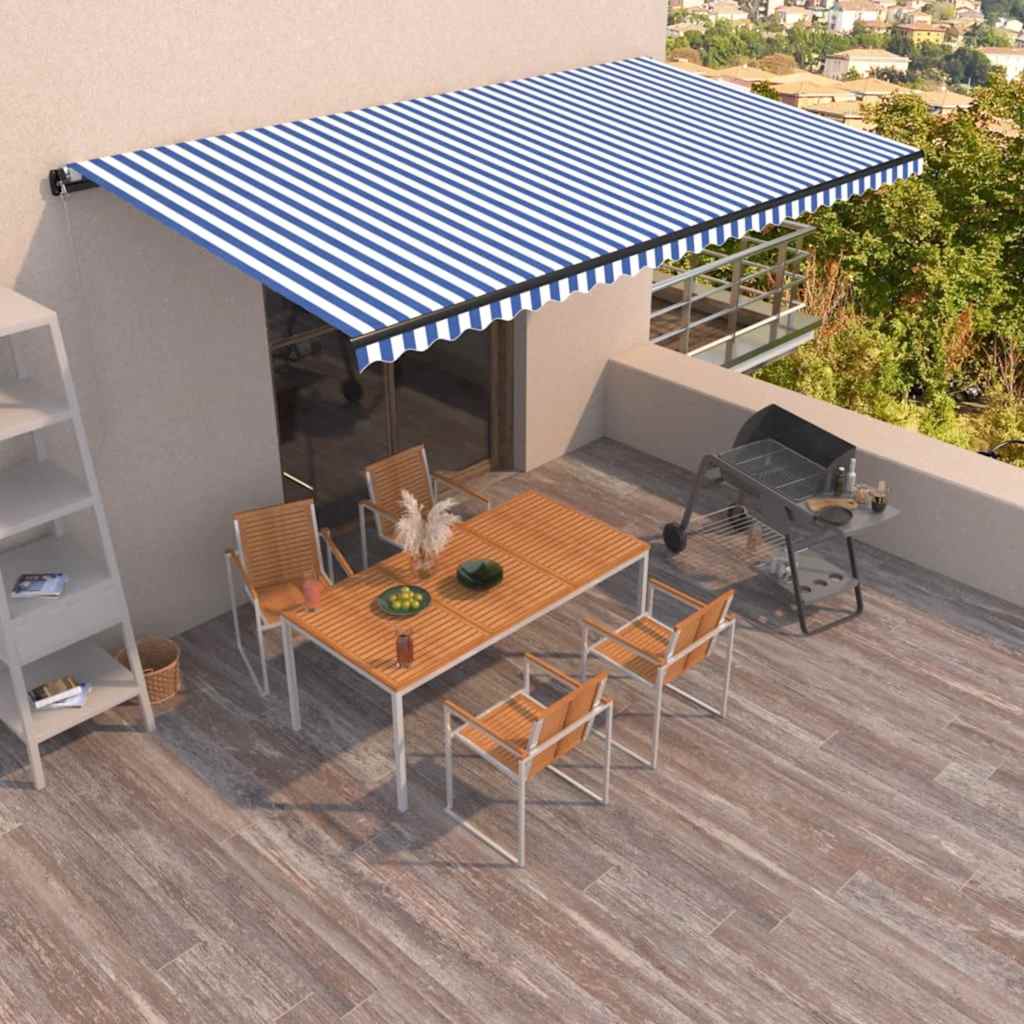 vidaXL Copertină retractabilă manual, albastru și alb, 600x350 cm