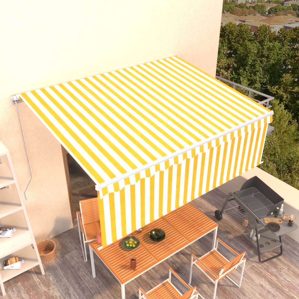 vidaXL Copertină retractabilă manual cu stor, galben&alb, 4x3 m vidaXL Copertină retractabilă manual cu stor, galben&alb, 4x3 m