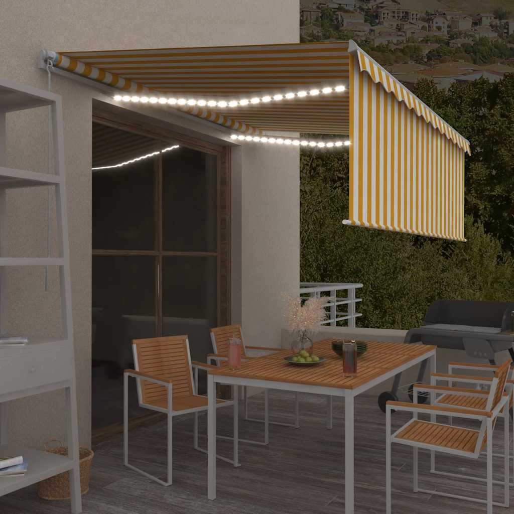 vidaXL Copertină retractabilă manual cu stor&LED, galben&alb, 4x3 m vidaXL Copertină retractabilă manual cu stor&LED, galben&alb, 4x3 m