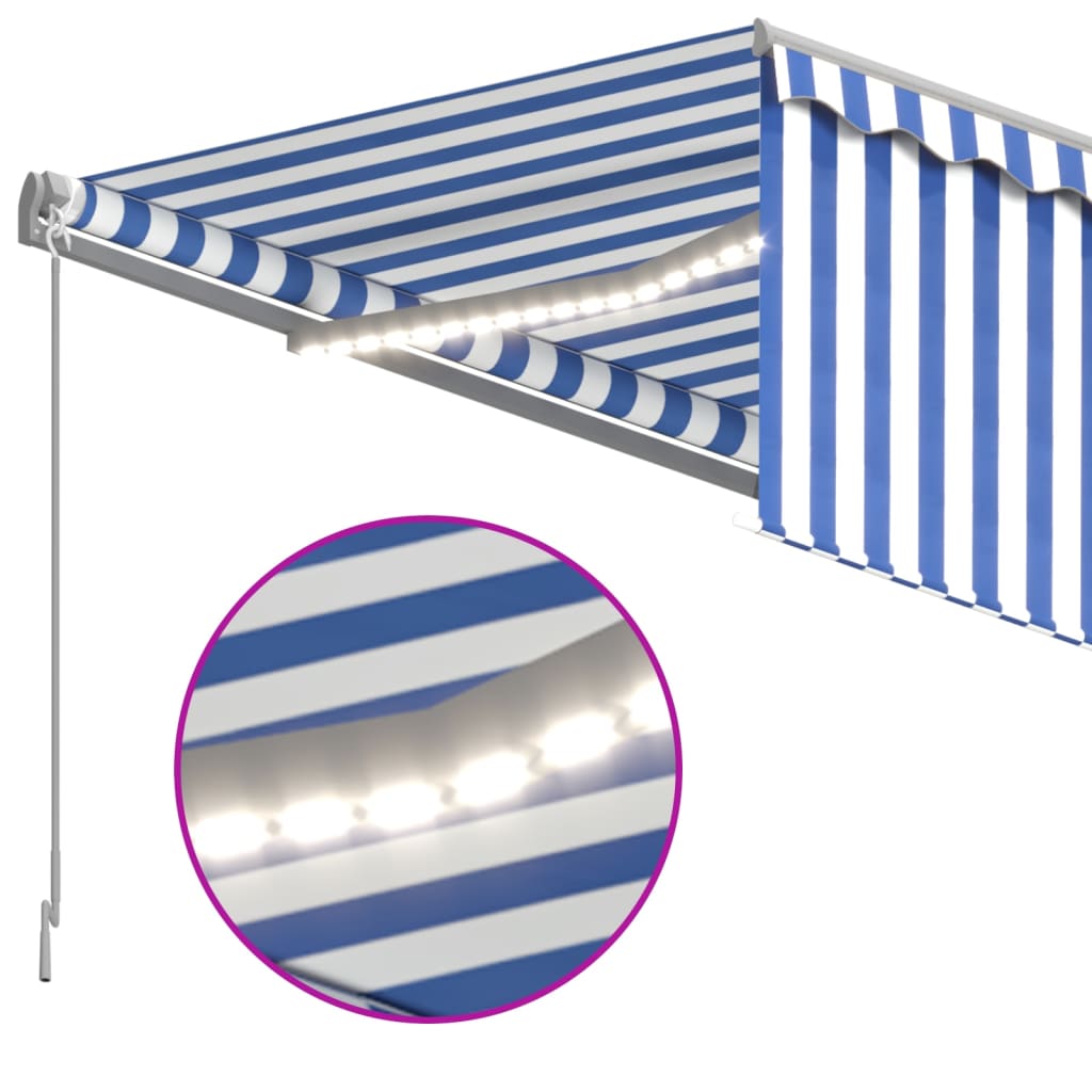 vidaXL Copertină retractabilă manual cu stor&LED, albastru&alb, 4x3 m