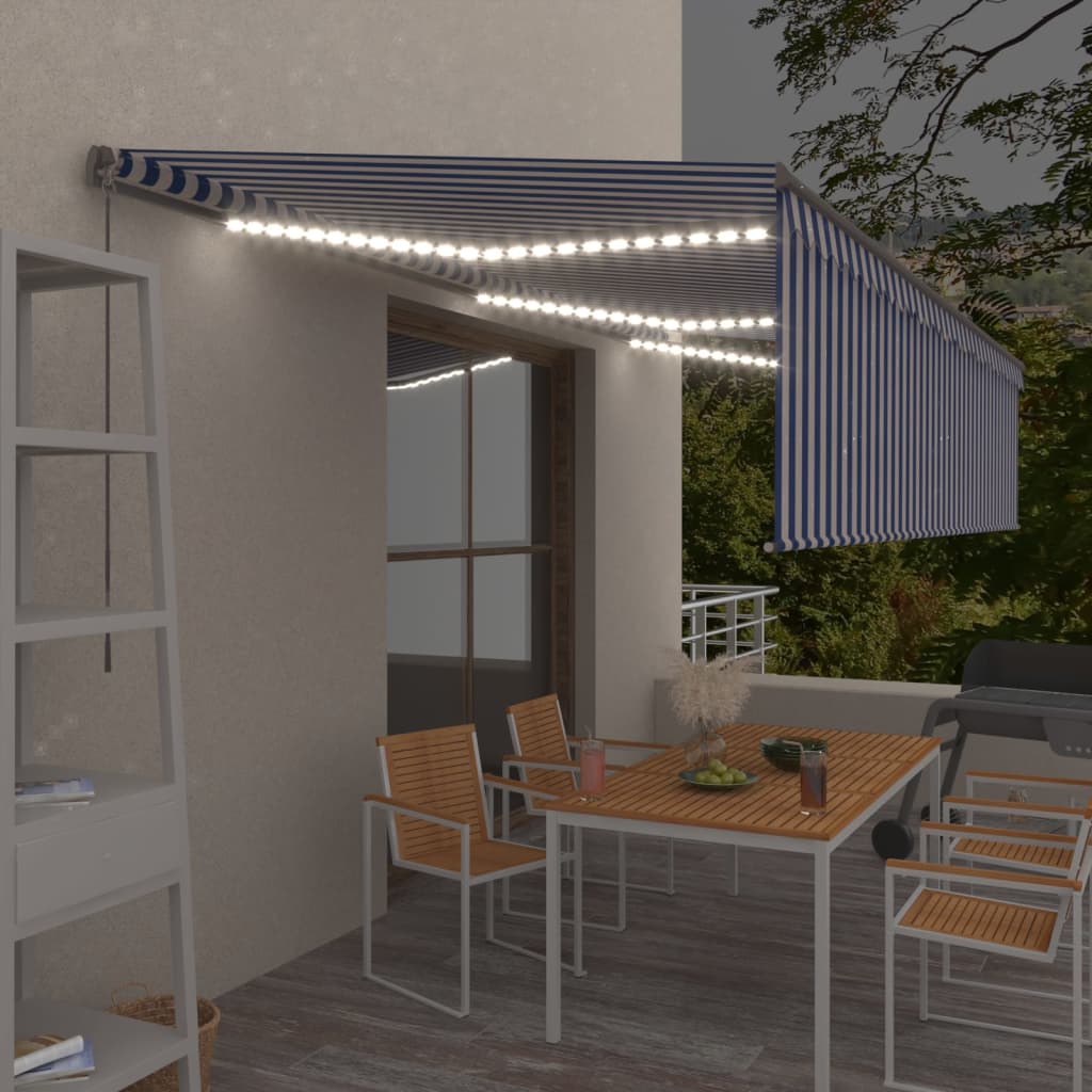 vidaXL Copertină retractabilă manual cu stor&LED, albastru&alb, 6x3 m vidaXL Copertină retractabilă manual cu stor&LED, albastru&alb, 6x3 m