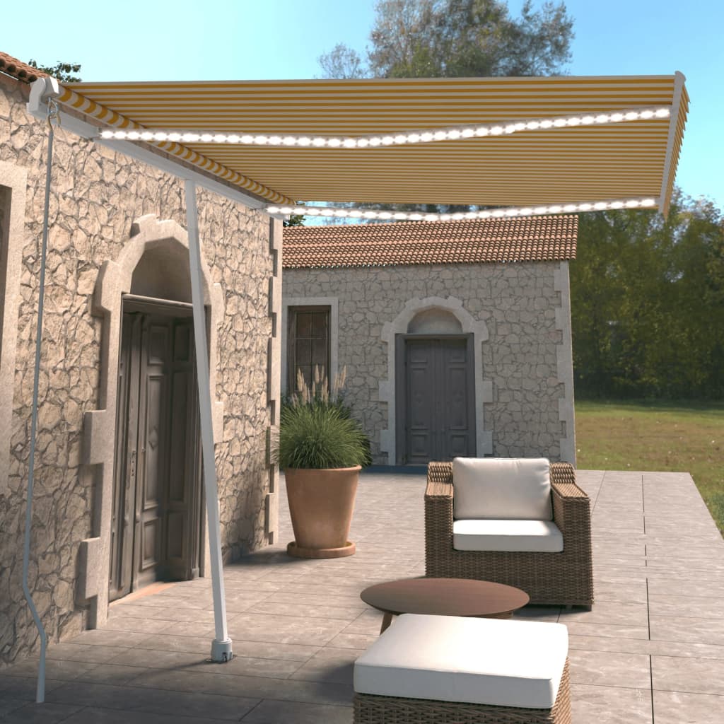 vidaXL Copertină retractabilă manual cu LED, galben și alb, 300x250 cm vidaXL Copertină retractabilă manual cu LED, galben și alb, 300x250 cm