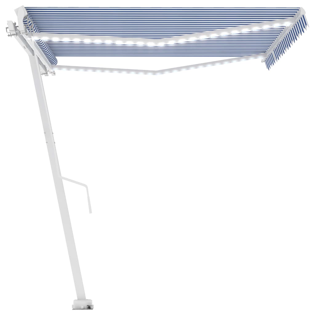 vidaXL Copertină retractabilă manual LED, albastru și alb, 450x300 cm