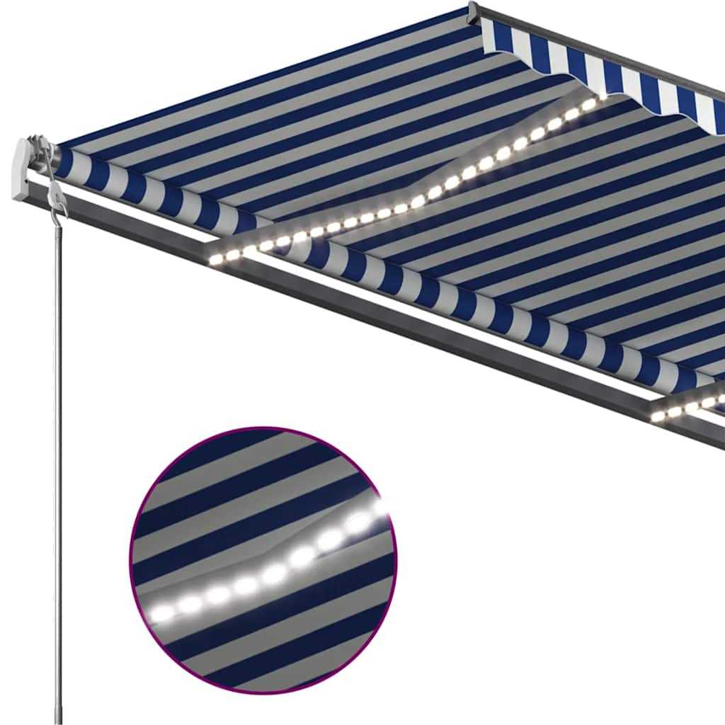 vidaXL Copertină retractabilă manual cu LED, albastru&alb, 450x300 cm