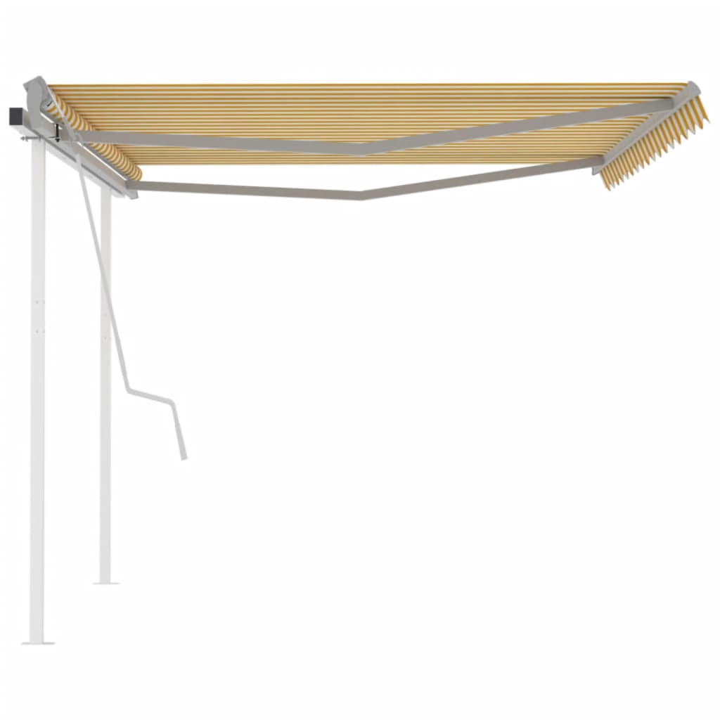 vidaXL Copertină retractabilă manual, cu stâlpi, galben și alb, 4x3 m vidaXL Copertină retractabilă manual, cu stâlpi, galben și alb, 4x3 m