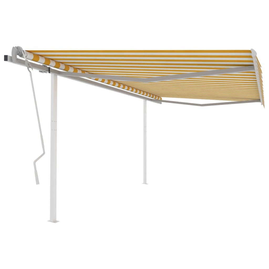 vidaXL Copertină retractabilă manual, cu stâlpi, galben și alb, 4x3 m vidaXL Copertină retractabilă manual, cu stâlpi, galben și alb, 4x3 m