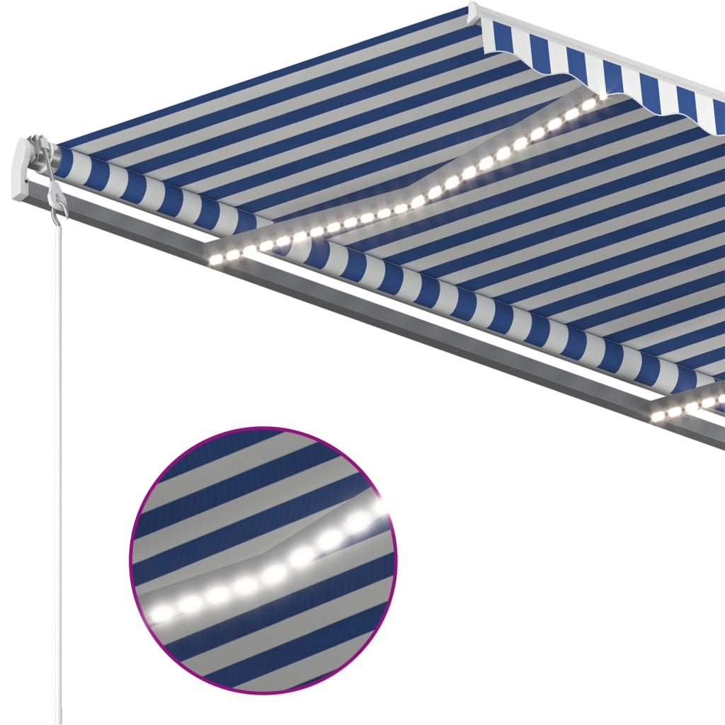 vidaXL Copertină retractabilă manual, cu LED, albastru și alb, 4x3 m vidaXL Copertină retractabilă manual, cu LED, albastru și alb, 4x3 m