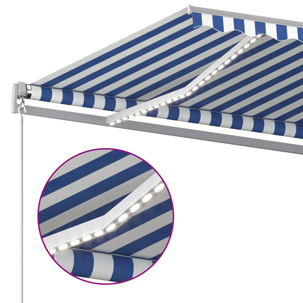 vidaXL Copertină automată senzor vânt/LED, albastru și alb, 4,5x3 m vidaXL Copertină automată senzor vânt/LED, albastru și alb, 4,5x3 m