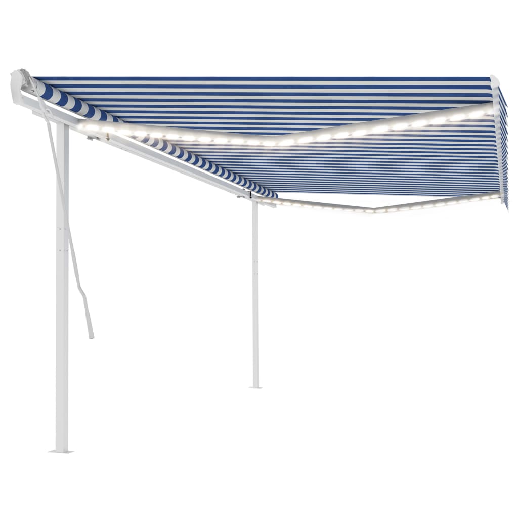 vidaXL Copertină retractabilă manual, cu LED, albastru și alb, 5x3 m vidaXL Copertină retractabilă manual, cu LED, albastru și alb, 5x3 m