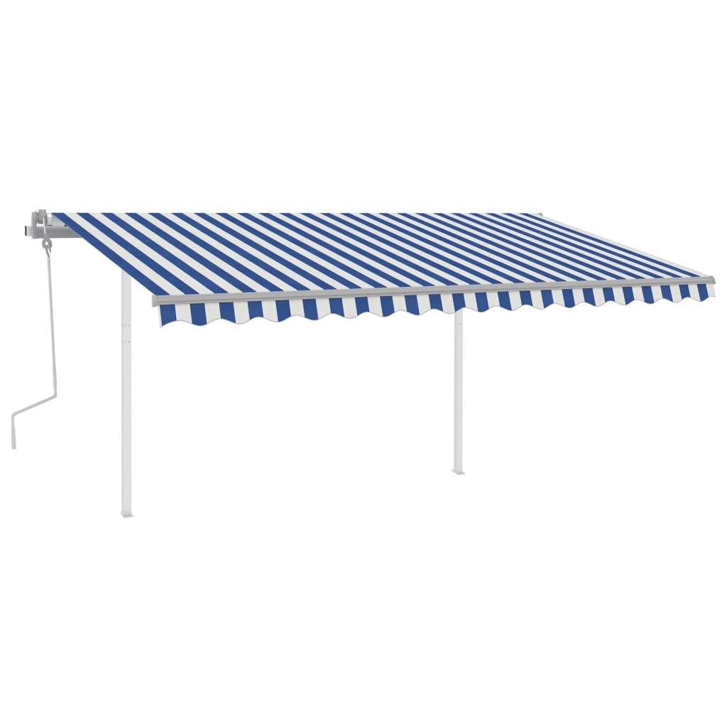 vidaXL Copertină retractabilă manual, stâlpi, albastru/alb, 4,5x3,5 m