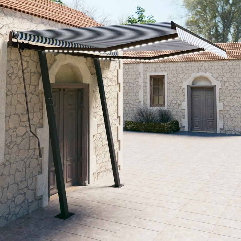vidaXL Copertină retractabilă manual cu LED, albastru&alb, 3x2,5 m vidaXL Copertină retractabilă manual cu LED, albastru&alb, 3x2,5 m