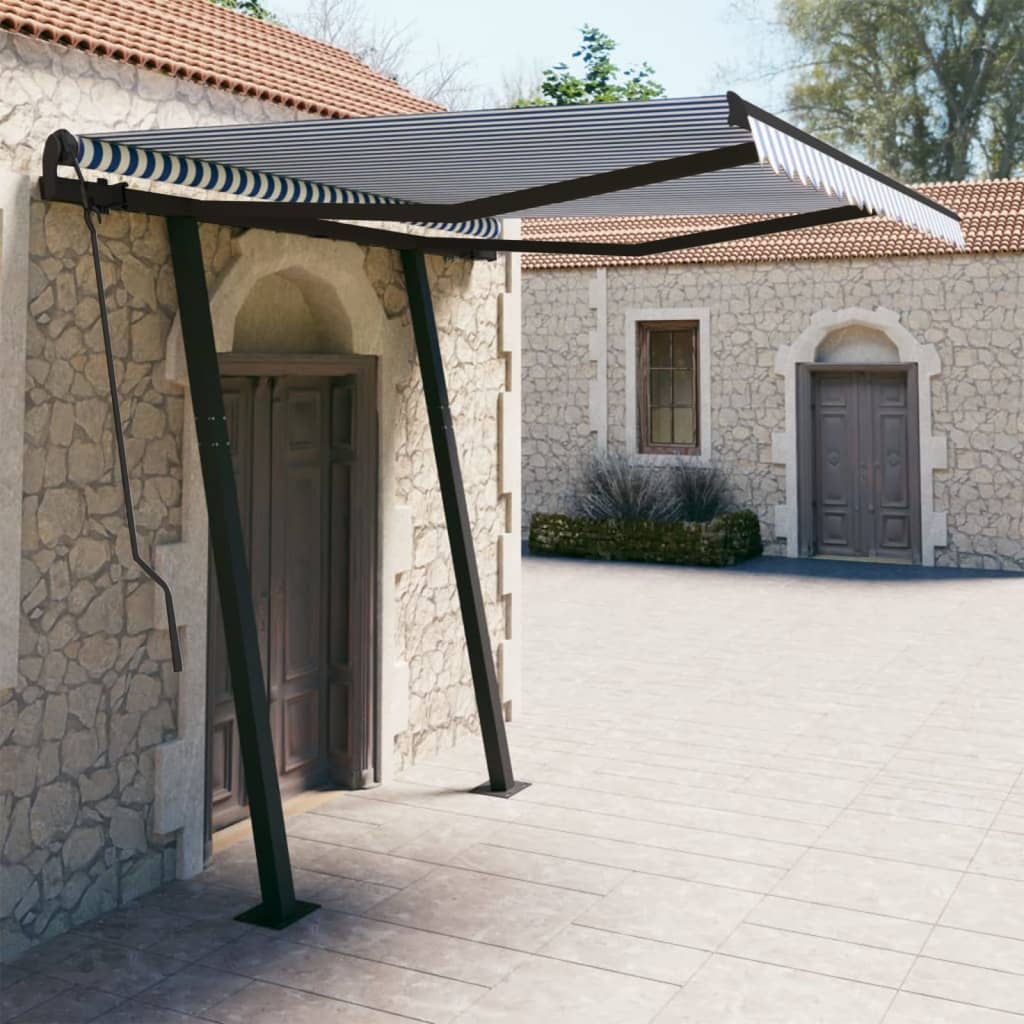 vidaXL Copertină retractabilă automat cu stâlpi, albastru&alb, 3x2,5 m vidaXL Copertină retractabilă automat cu stâlpi, albastru&alb, 3x2,5 m