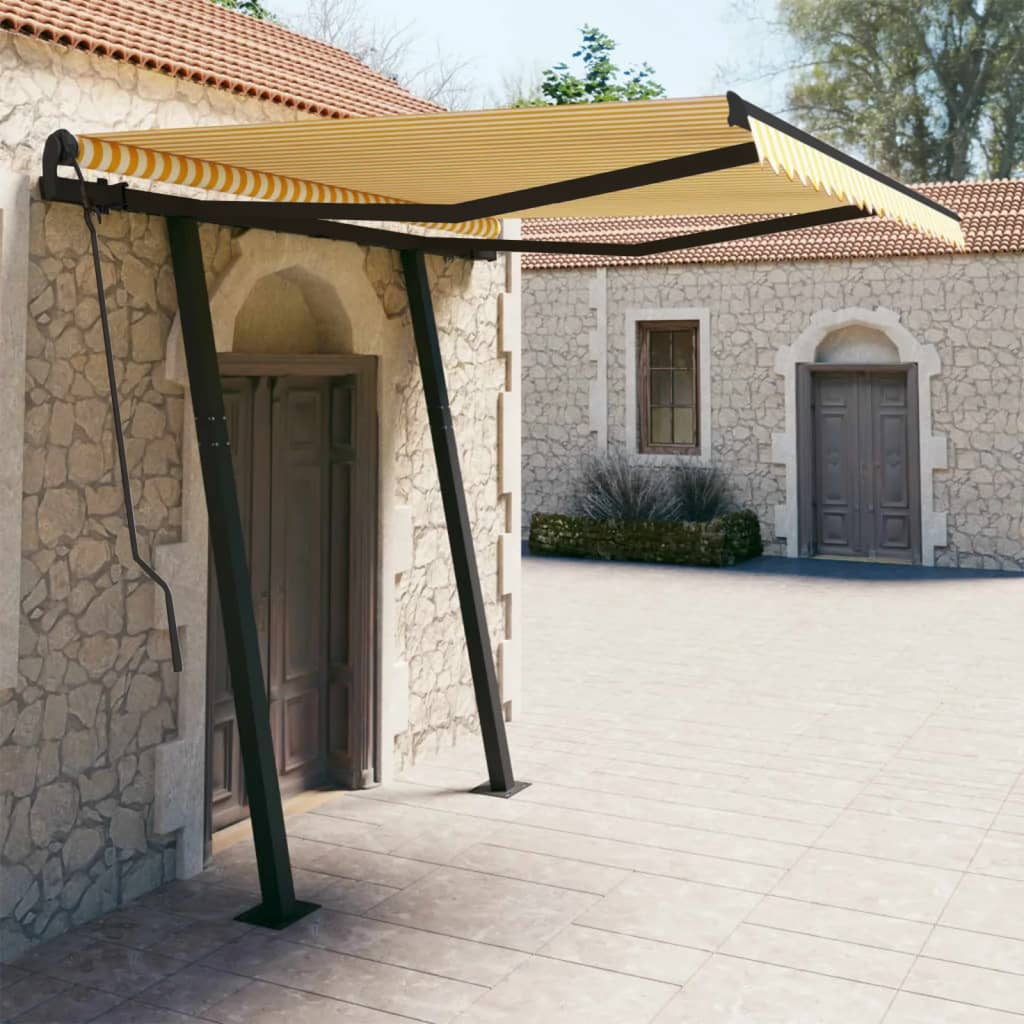 vidaXL Copertină retractabilă automat cu stâlpi, galben & alb, 3x2,5 m vidaXL Copertină retractabilă automat cu stâlpi, galben & alb, 3x2,5 m