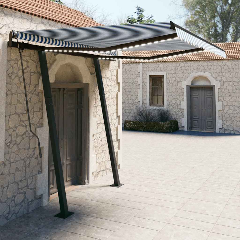 vidaXL Copertină retractabilă manual cu LED, albastru & alb 3,5x2,5 m vidaXL Copertină retractabilă manual cu LED, albastru & alb 3,5x2,5 m