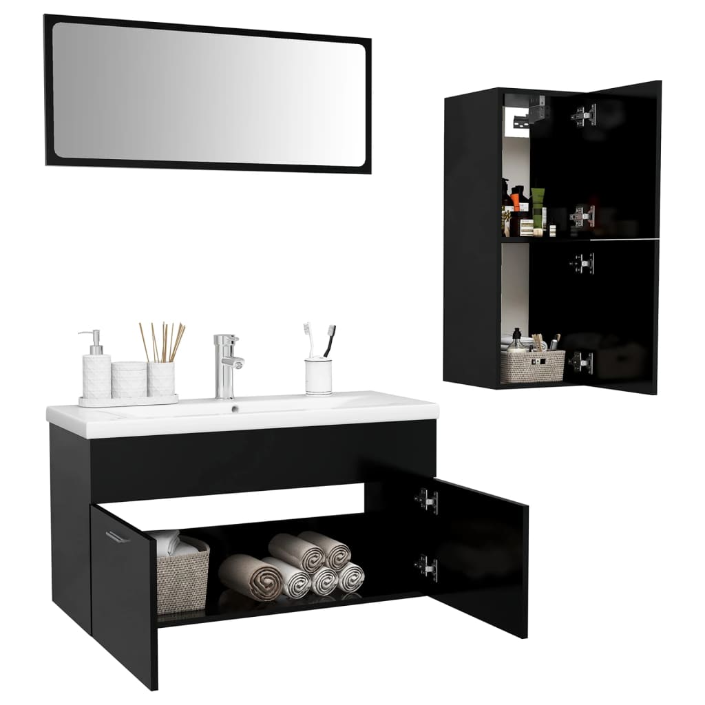 vidaXL Set mobilier de baie, negru, lemn prelucrat