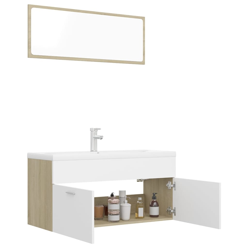 vidaXL Set mobilier de baie, alb și stejar sonoma, lemn prelucrat