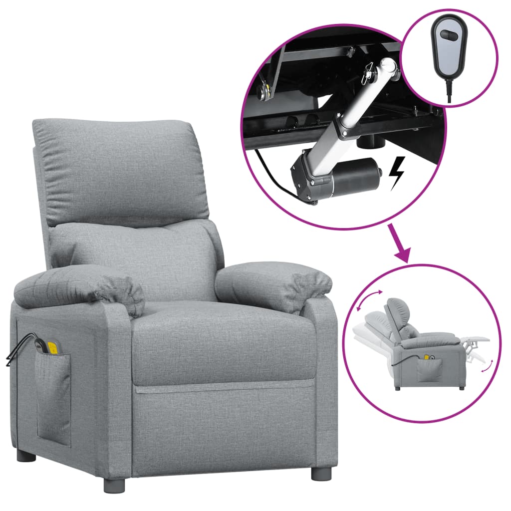 vidaXL Fotoliu de masaj electric rabatabil, gri deschis, textil vidaXL Fotoliu de masaj electric rabatabil, gri deschis, textil