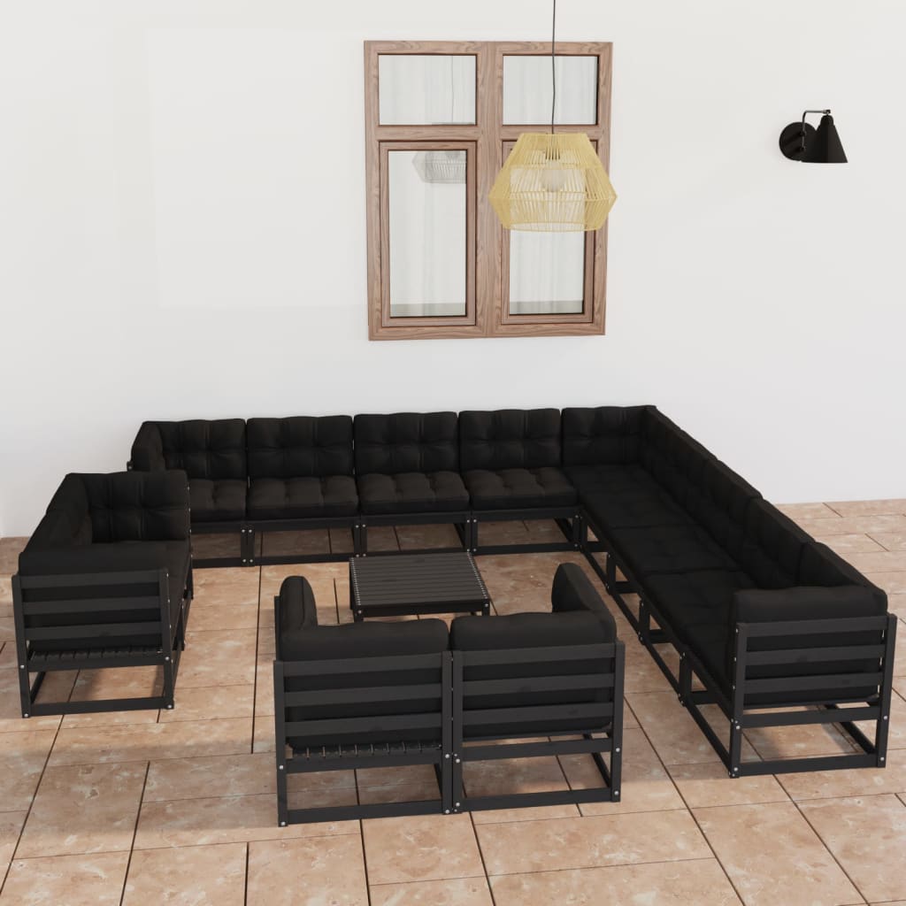 vidaXL Set mobilier de grădină cu perne14 piese, negru, lemn masiv pin vidaXL Set mobilier de grădină cu perne14 piese, negru, lemn masiv pin