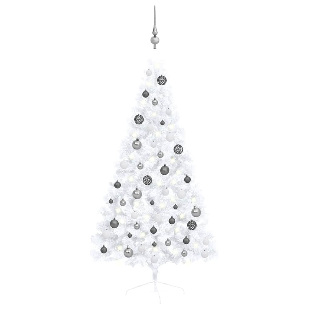 vidaXL Jumătate brad Crăciun pre-iluminat cu set globuri, alb, 150 cm vidaXL Jumătate brad Crăciun pre-iluminat cu set globuri, alb, 150 cm