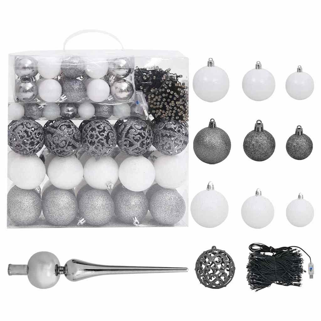 vidaXL Brad de Crăciun pre-iluminat artificial, set globuri alb 210 cm vidaXL Brad de Crăciun pre-iluminat artificial, set globuri alb 210 cm