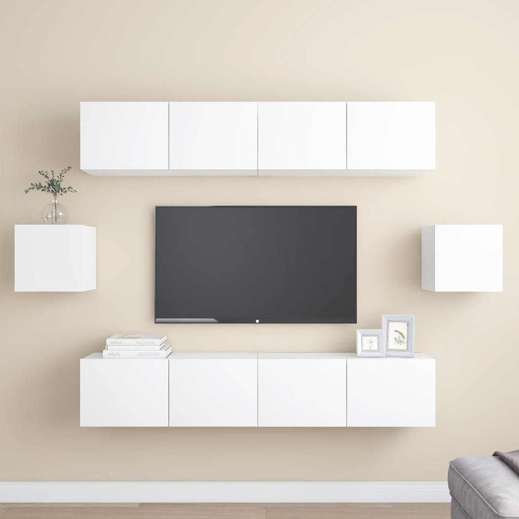 vidaXL Set de dulapuri TV, 6 piese, alb, lemn prelucrat vidaXL Set de dulapuri TV, 6 piese, alb, lemn prelucrat