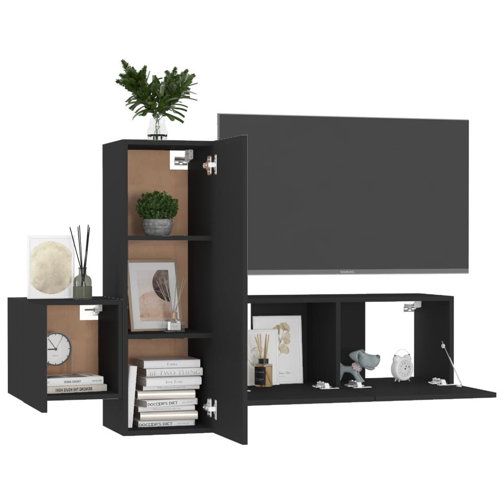 vidaXL Set dulapuri TV, 3 buc., negru, lemn prelucrat vidaXL Set dulapuri TV, 3 buc., negru, lemn prelucrat