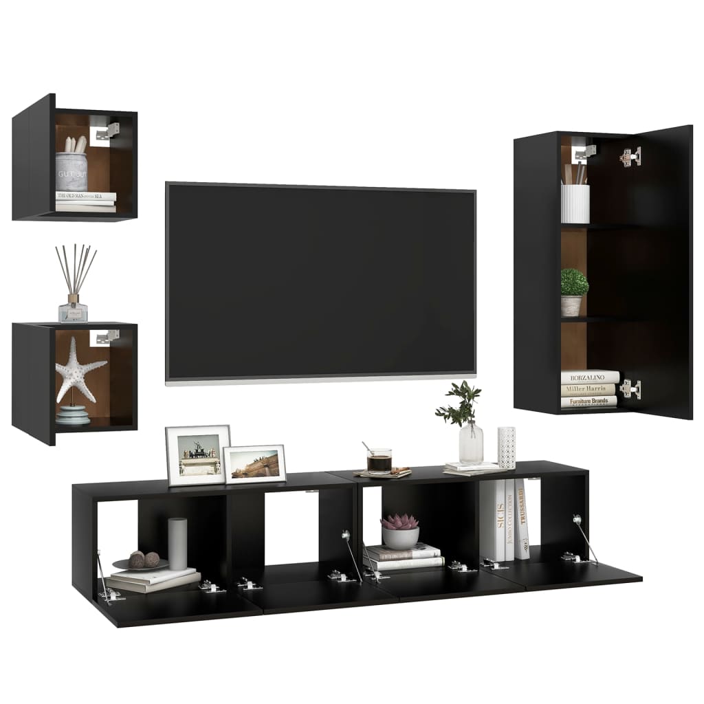 vidaXL Set dulapuri TV, 5 piese, negru, lemn prelucrat vidaXL Set dulapuri TV, 5 piese, negru, lemn prelucrat