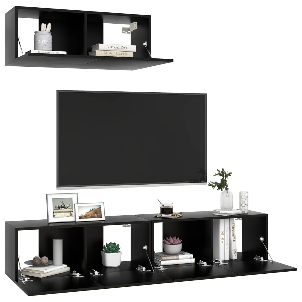 vidaXL Set dulapuri TV, 3 piese, negru, lemn prelucrat vidaXL Set dulapuri TV, 3 piese, negru, lemn prelucrat