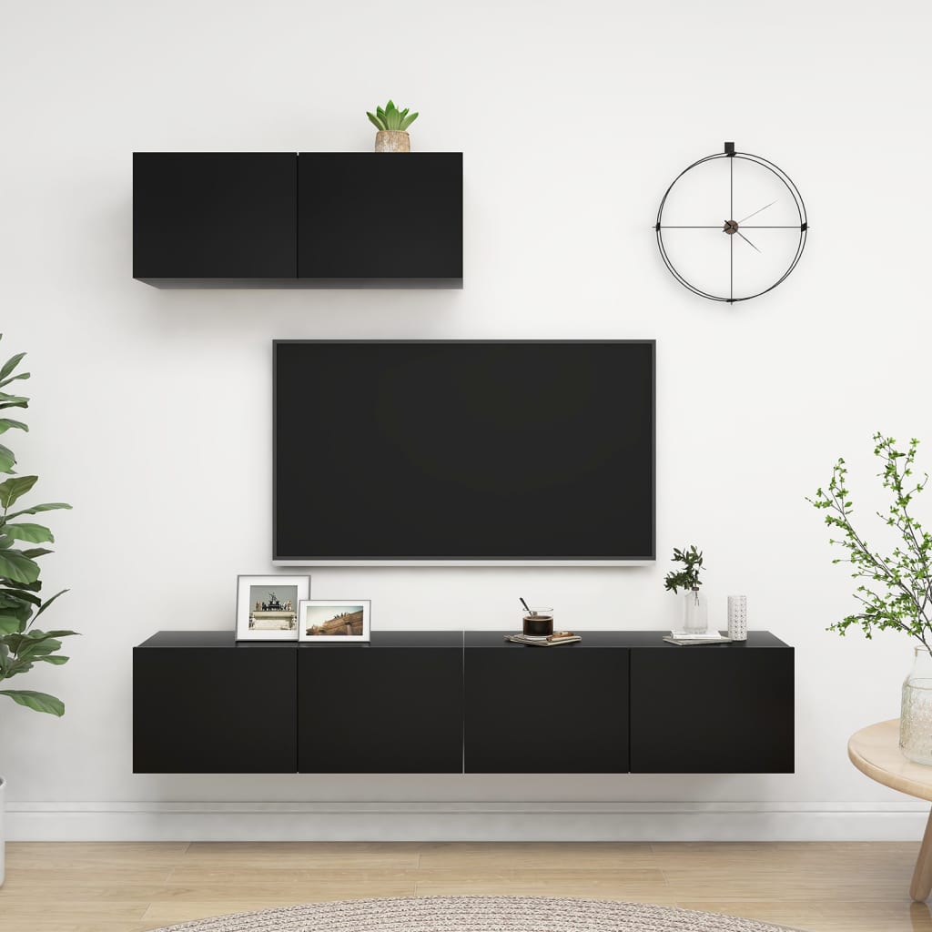vidaXL Set dulapuri TV, 3 piese, negru, lemn prelucrat vidaXL Set dulapuri TV, 3 piese, negru, lemn prelucrat