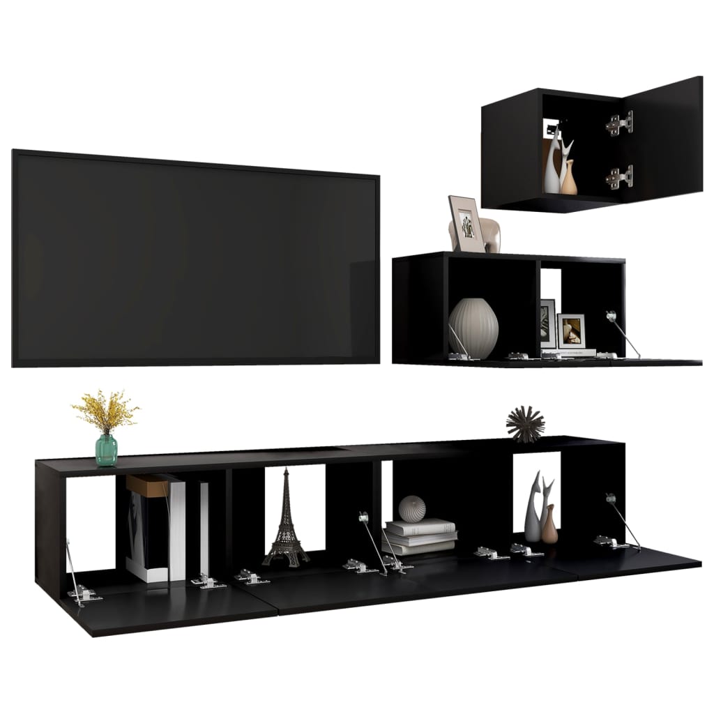 vidaXL Set dulapuri TV, 4 piese, negru, lemn prelucrat vidaXL Set dulapuri TV, 4 piese, negru, lemn prelucrat