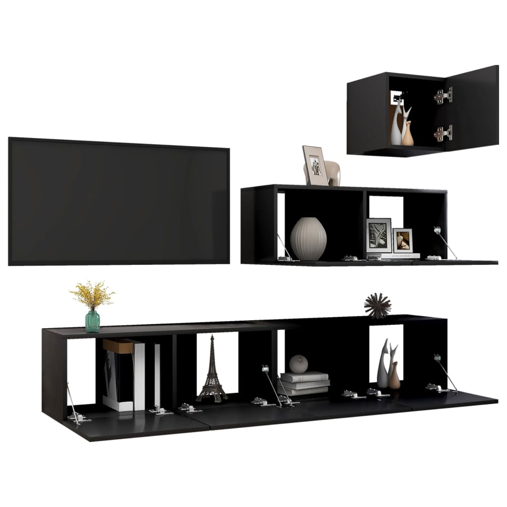 vidaXL Set dulapuri TV, 4 piese, negru, lemn prelucrat vidaXL Set dulapuri TV, 4 piese, negru, lemn prelucrat