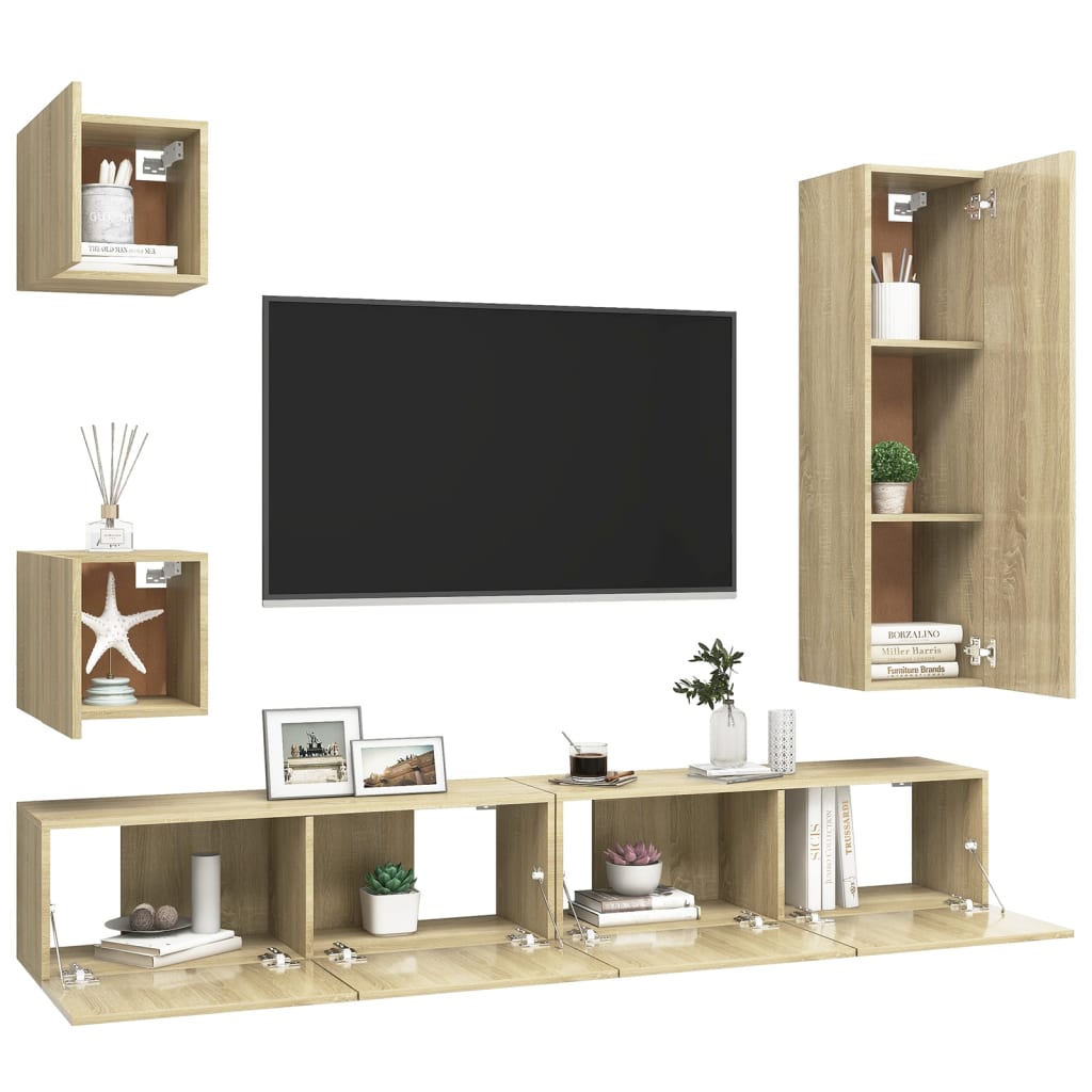 vidaXL Set de dulapuri TV, 5 piese, stejar sonoma, lemn prelucrat vidaXL Set de dulapuri TV, 5 piese, stejar sonoma, lemn prelucrat