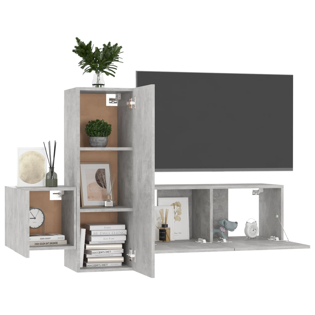 vidaXL Set de dulapuri TV, 3 buc., gri beton, lemn prelucrat