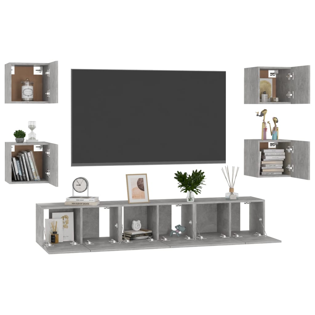 vidaXL Set de dulapuri TV, 7 piese, gri beton, lemn prelucrat vidaXL Set de dulapuri TV, 7 piese, gri beton, lemn prelucrat