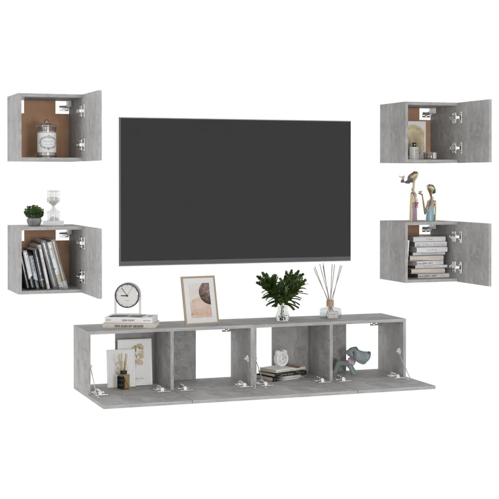 vidaXL Set de dulapuri TV, 6 piese, gri beton, lemn prelucrat vidaXL Set de dulapuri TV, 6 piese, gri beton, lemn prelucrat