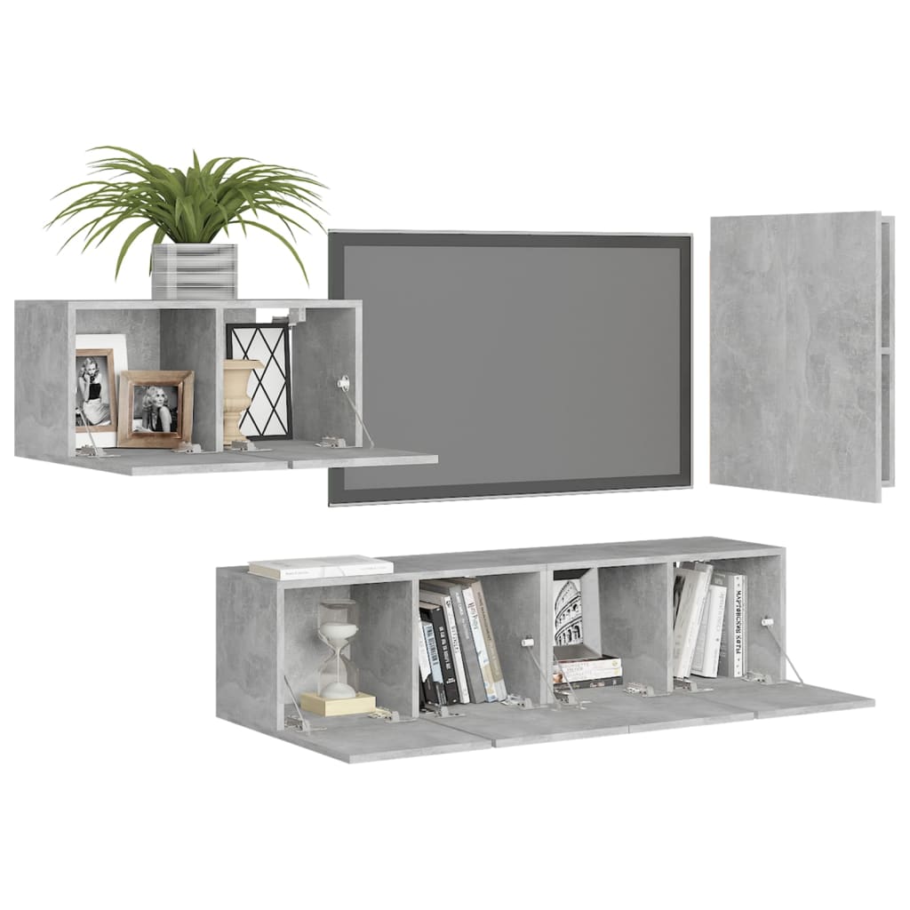vidaXL Set de dulapuri TV, 4 piese, gri beton, lemn prelucrat vidaXL Set de dulapuri TV, 4 piese, gri beton, lemn prelucrat