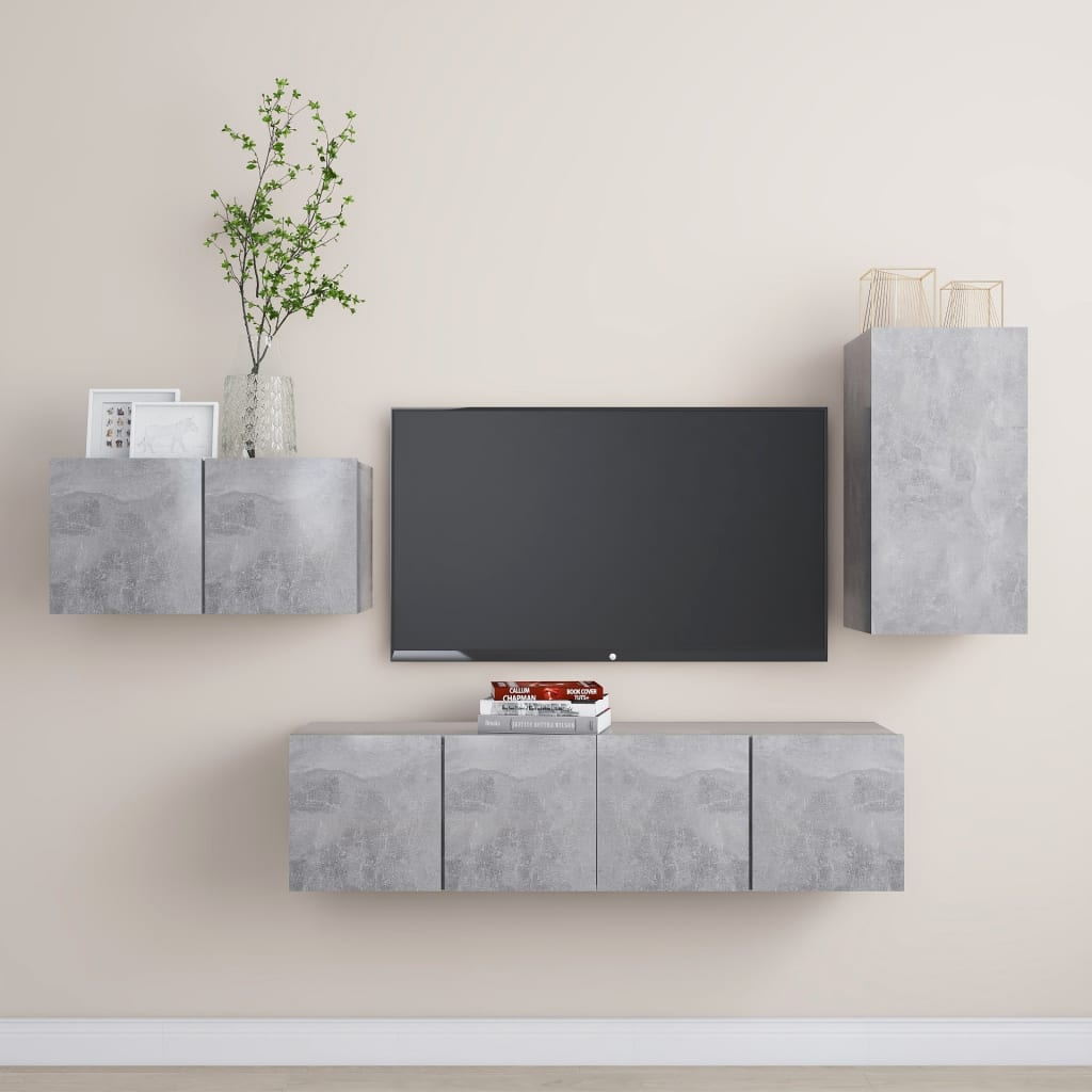 vidaXL Set de dulapuri TV, 4 piese, gri beton, lemn prelucrat vidaXL Set de dulapuri TV, 4 piese, gri beton, lemn prelucrat