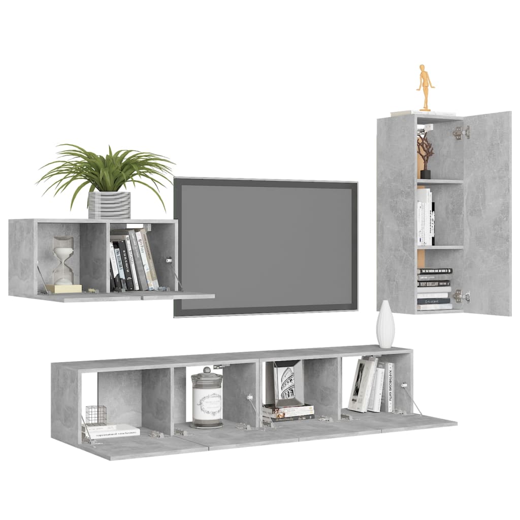 vidaXL Set de dulapuri TV, 4 piese, gri beton, lemn prelucrat vidaXL Set de dulapuri TV, 4 piese, gri beton, lemn prelucrat