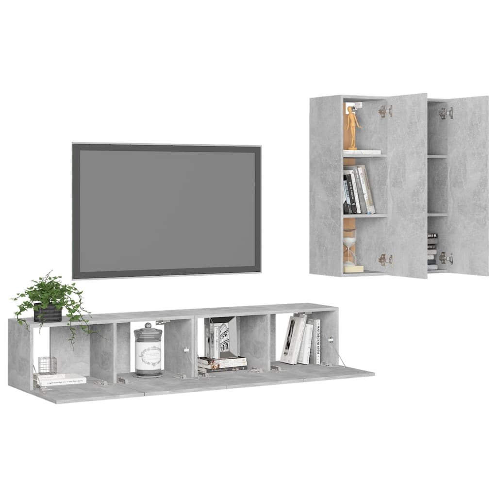 vidaXL Set de dulapuri TV, 4 piese, gri beton, lemn prelucrat vidaXL Set de dulapuri TV, 4 piese, gri beton, lemn prelucrat